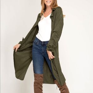 Olive Faux Suede Duster Coat